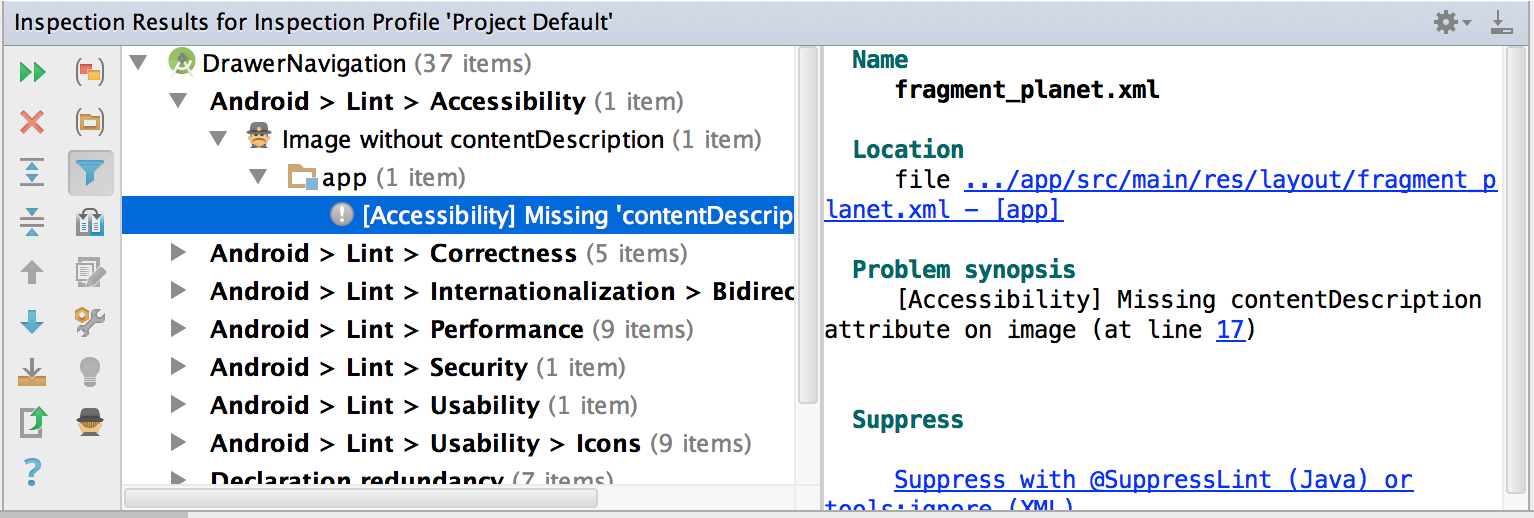 screenshot showing a report of the Lint tool, which shows an accessibility error