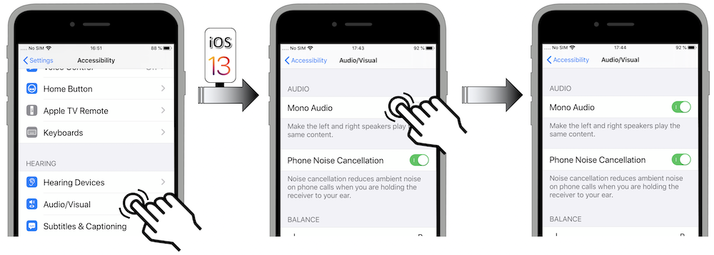 Access illustration via Settings - Accessibility - Audio Visual - Mono Audio