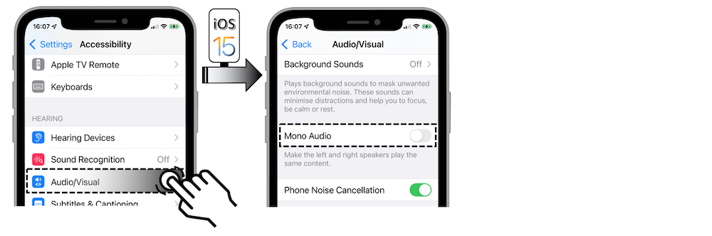 Access illustration via Settings - Accessibility - Audio Visual - Mono Audio