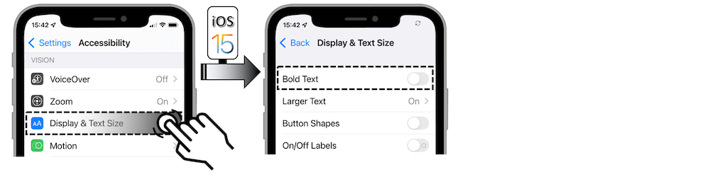 Access illustration via Settings - Accessibility - Bold Text