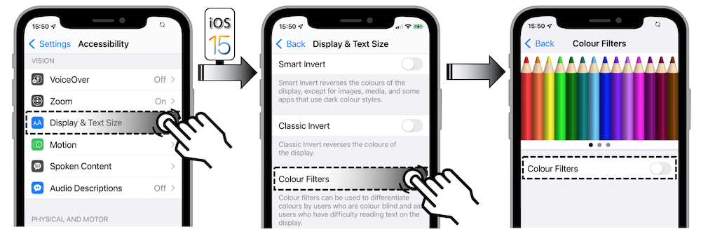 Access illustration via Settings - Accessibility - Display & Text Size - Colour Filters - Colour Filters