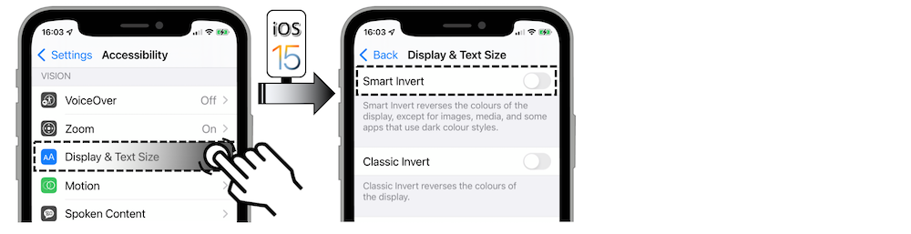 Access illustration via Settings - Accessibility - Display & Text Size - Smart Invert