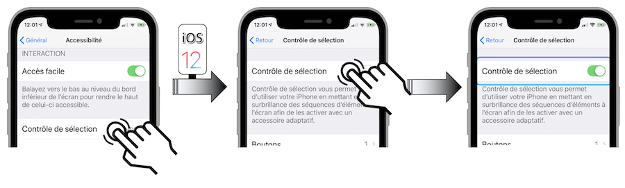 Sur iOS 12 : activer Contrôle de sélection à partir du menu Général-Accessibilité-Contrôle de sélection