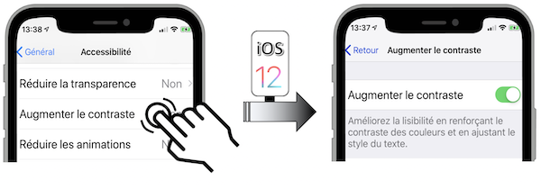 Illustration d'accès via le menu Réglages - Général - Accessibilité - Augmenter le contraste