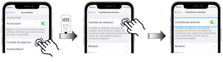 Illustration d'accès via le menu Réglages - Général - Accessibilité - Contrôle de sélection