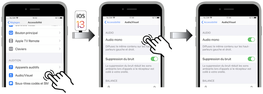 Illustration d'accès via le menu Réglages - Accessibilité - Audio Visuel - Mono Audio