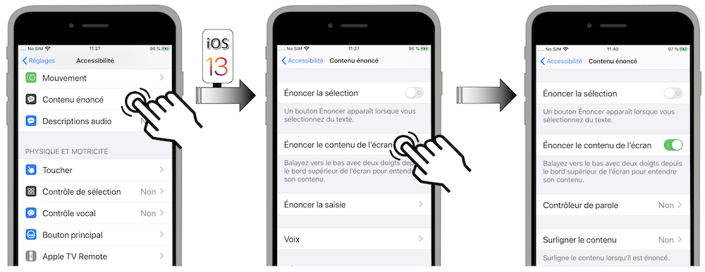 Illustration d'accès via le menu Réglages - Accessibilité - Contenu énoncé - Énoncer lecontenu de l'écran