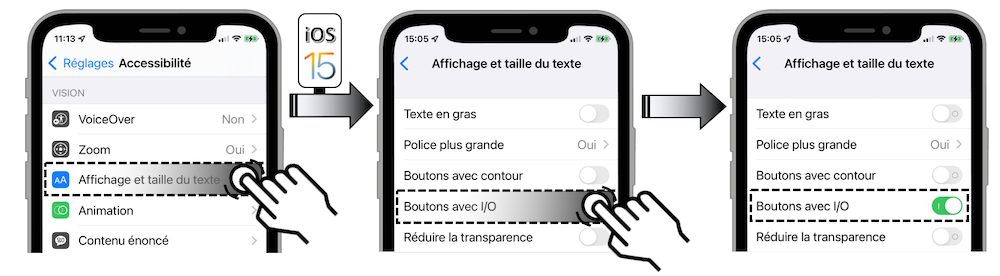 Illustration d'accès via le menu Réglages - Accessibilité - Affichage et taille du texte - Boutons avec I/O