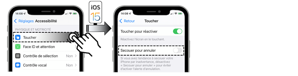 Illustration d'accès via le menu Réglages - Accessibilité - Toucher - Secouer pour annuler