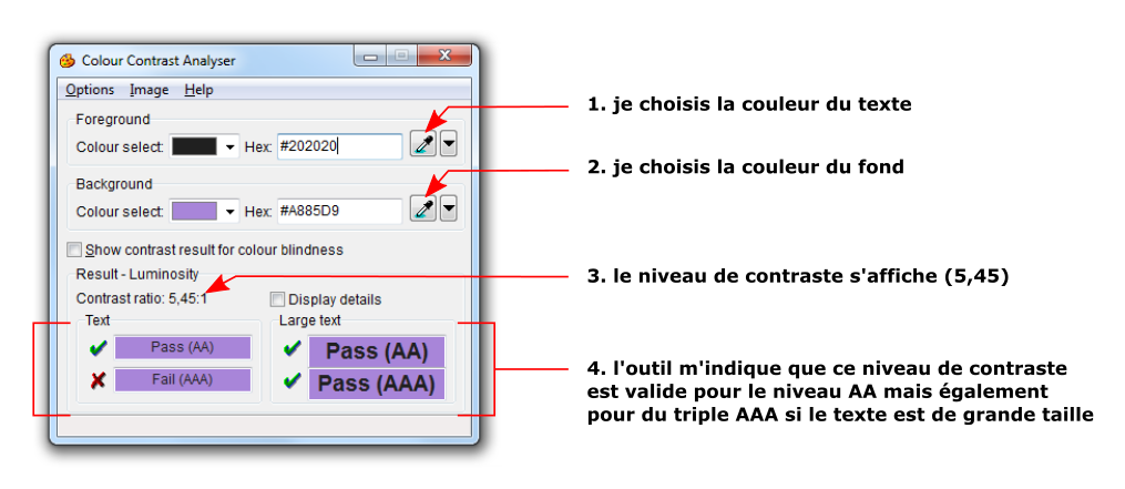 capture d’écran de l’outil colour contrast analyser